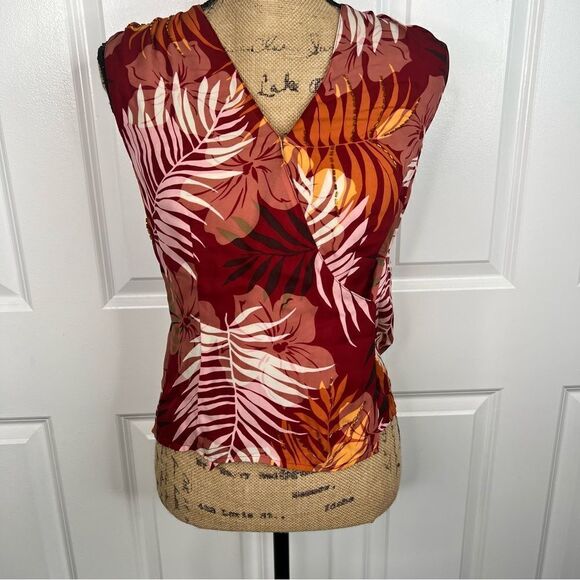 Sz 2P Kate Hill 100% Silk Red & Orange Beaded Faux Wrap Top - Picture 3 of 13